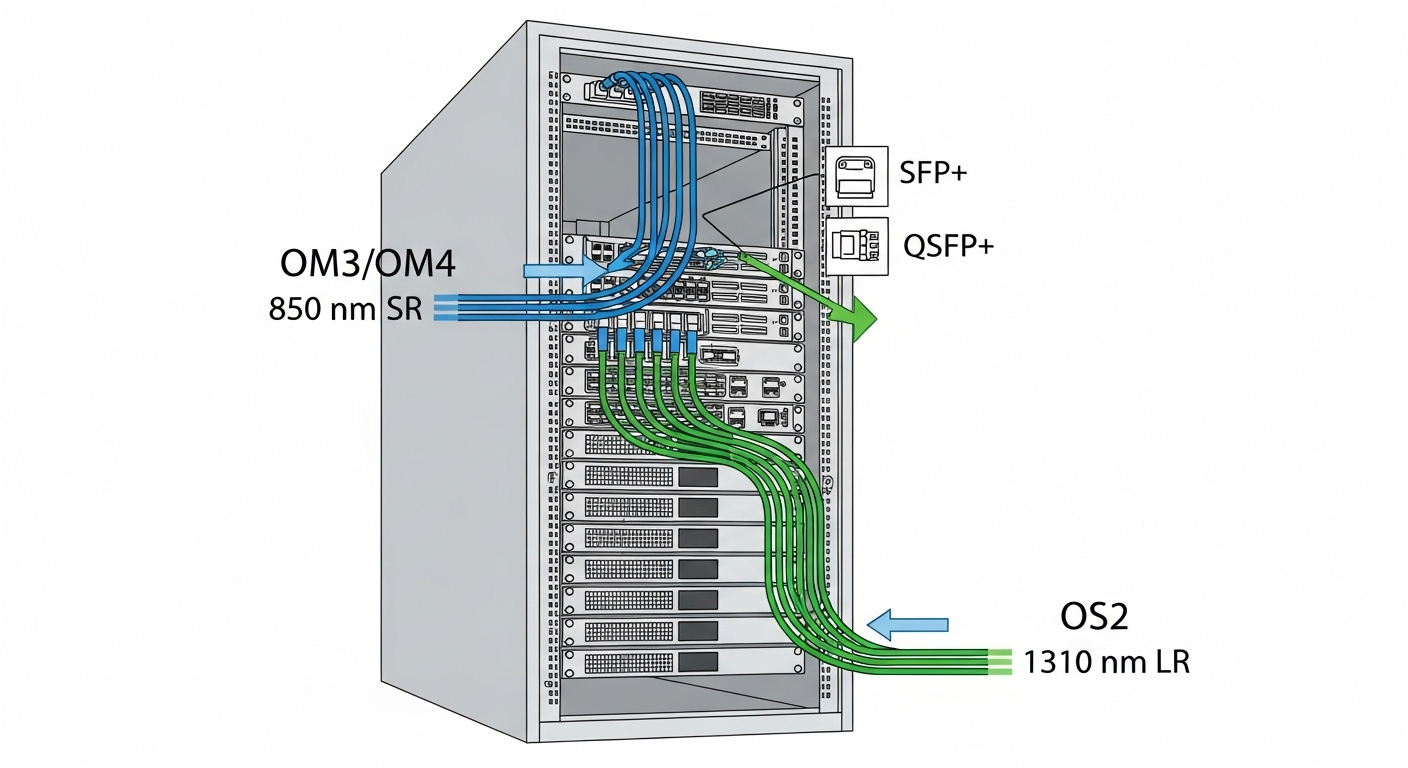 Technical illustration in clean vector style showing a telecom rack with two fiber paths labeled OM3/OM4 and OS2, arrows indi