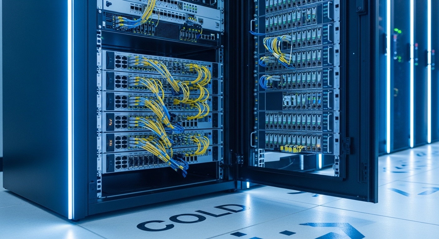 Ultra-realistic documentary photo of a data center row with cold aisle containment, close-up of a rack showing multiple netwo