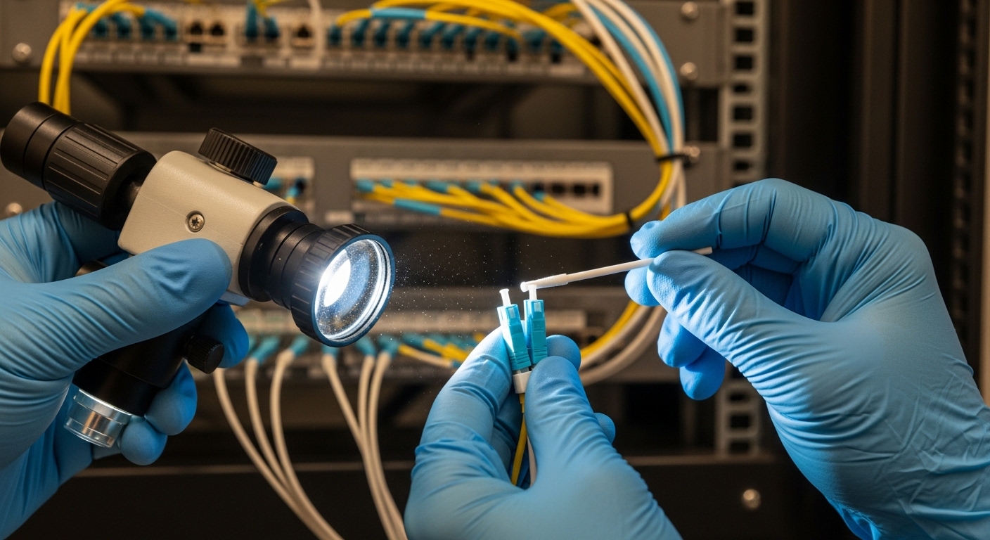 Lifestyle-style scene of a network technician wearing ESD-safe gloves using a fiber optic inspection microscope and cleaning 