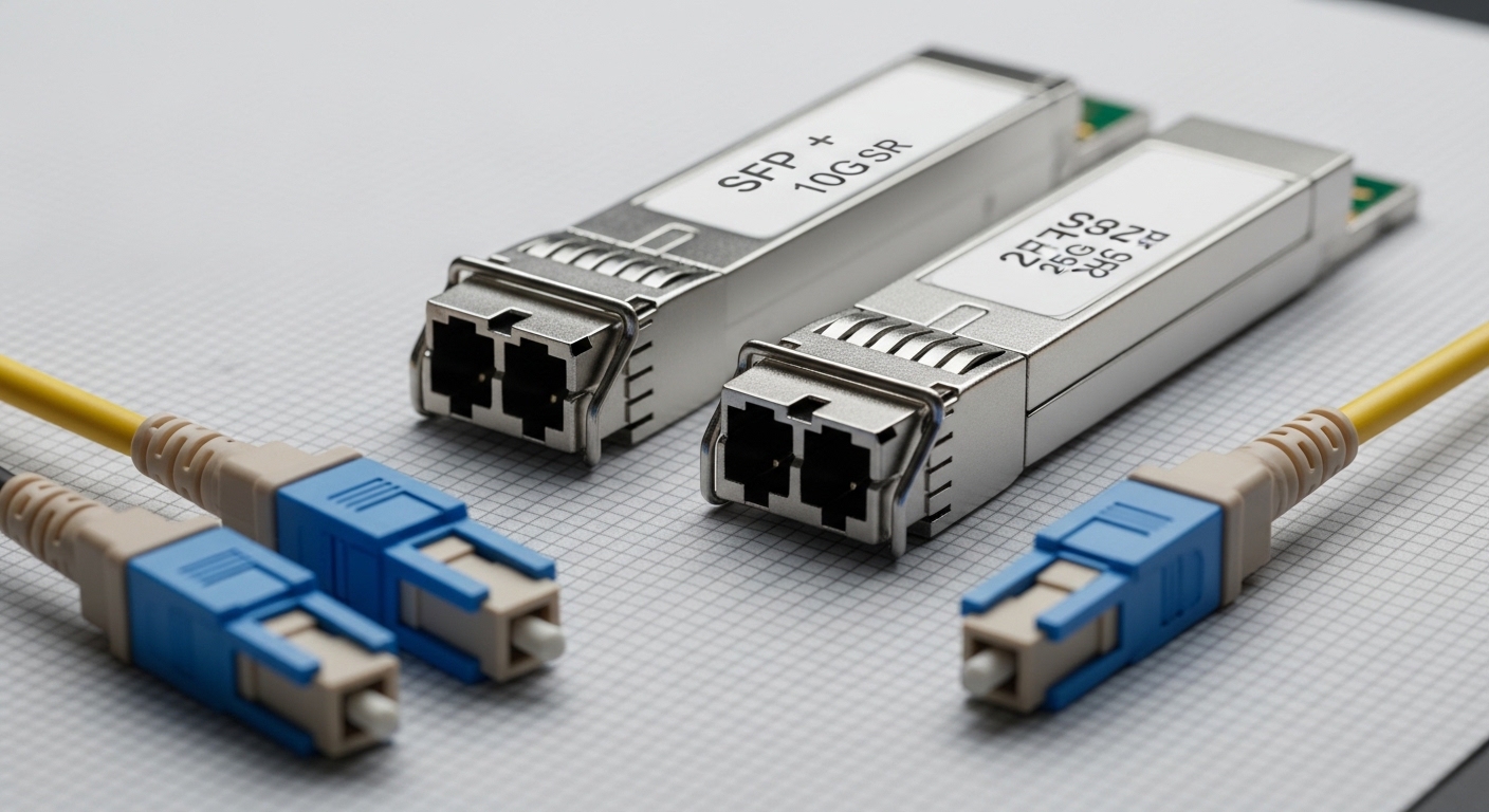 A high-resolution macro photography scene of two fiber optic transceiver modules on an antistatic mat, one labeled SFP+ 10G S