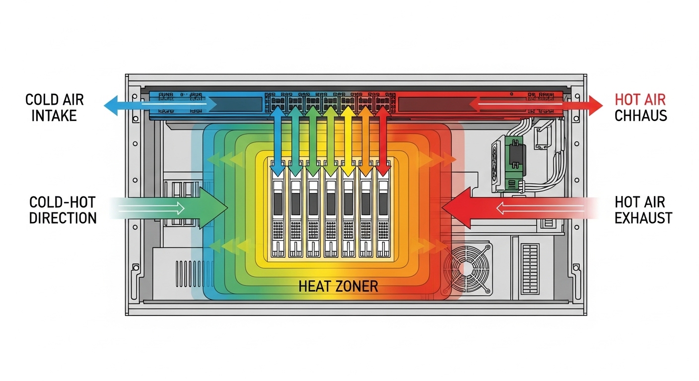 Clean vector illustration showing a switch chassis cross-section with labeled airflow channels, heat zones around densely pac