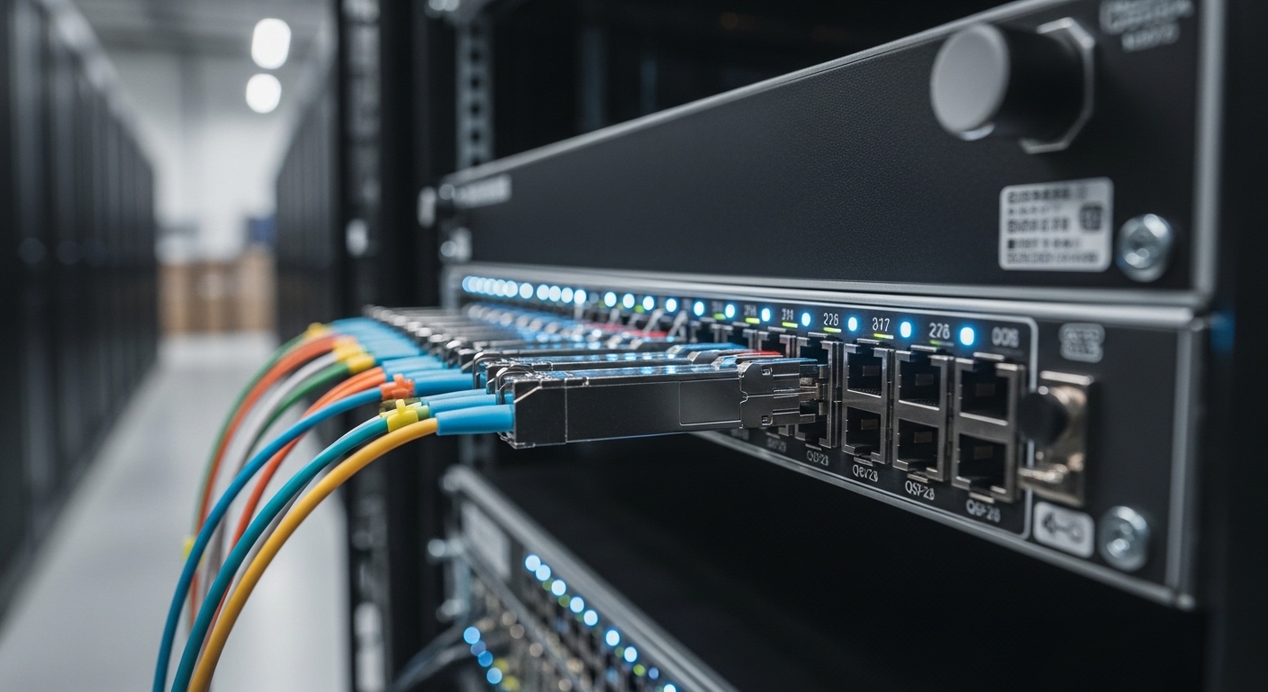 Photorealistic close-up photography of a rack-mounted optical switch with multiple QSFP28 transceivers installed, shallow dep