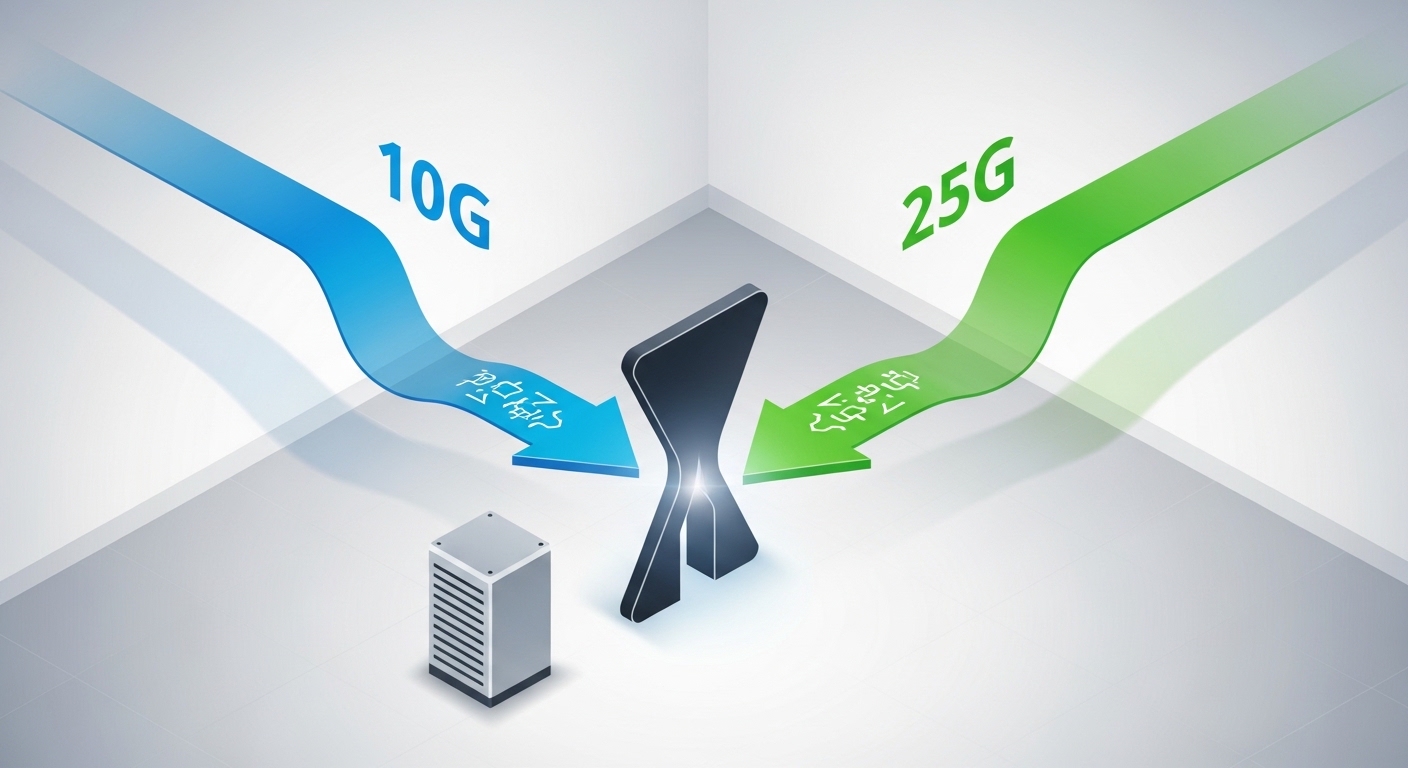 Conceptual illustration in an isometric style showing a small edge rack in a warehouse corner, with two network paths labeled