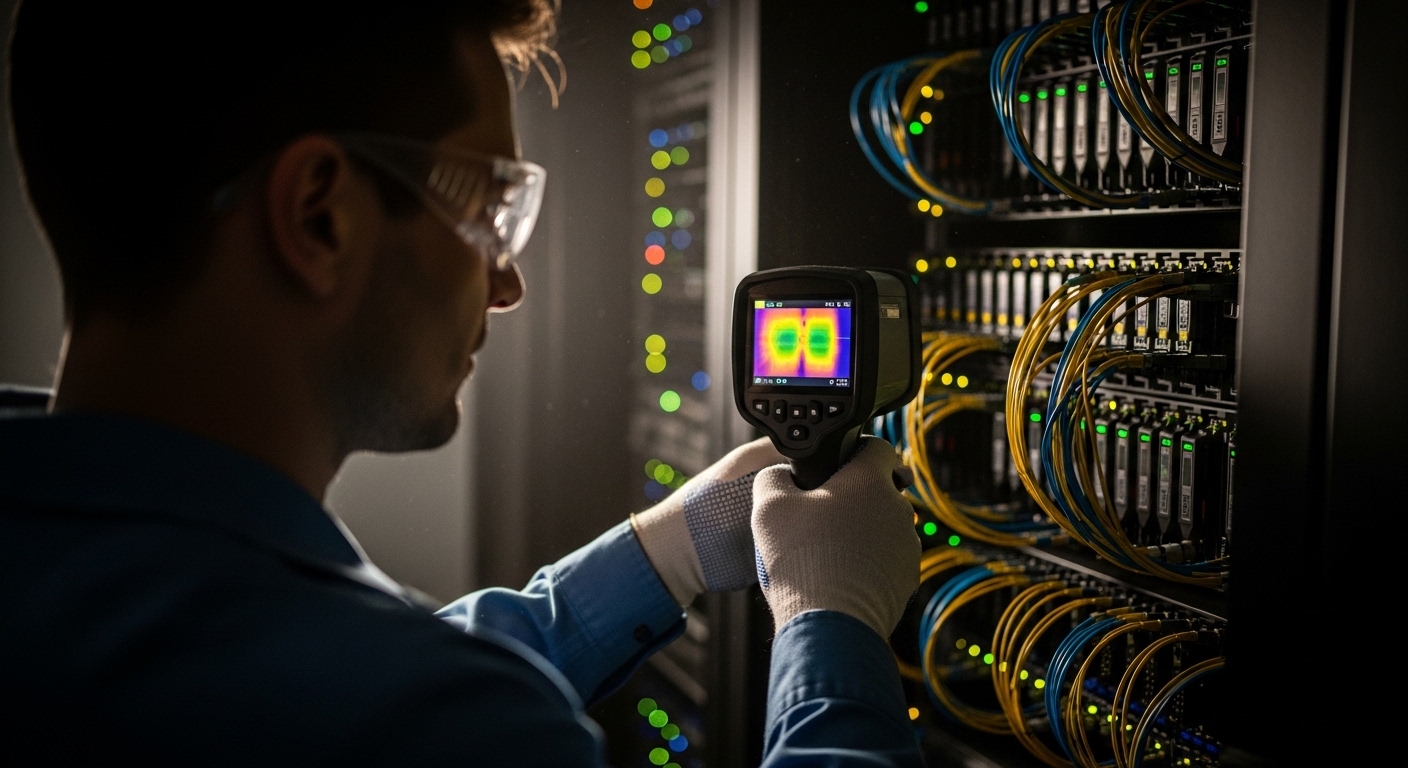 Lifestyle-style photo of an engineer in a server room wearing PPE, holding a thermal camera aimed at a rack with dense fiber 