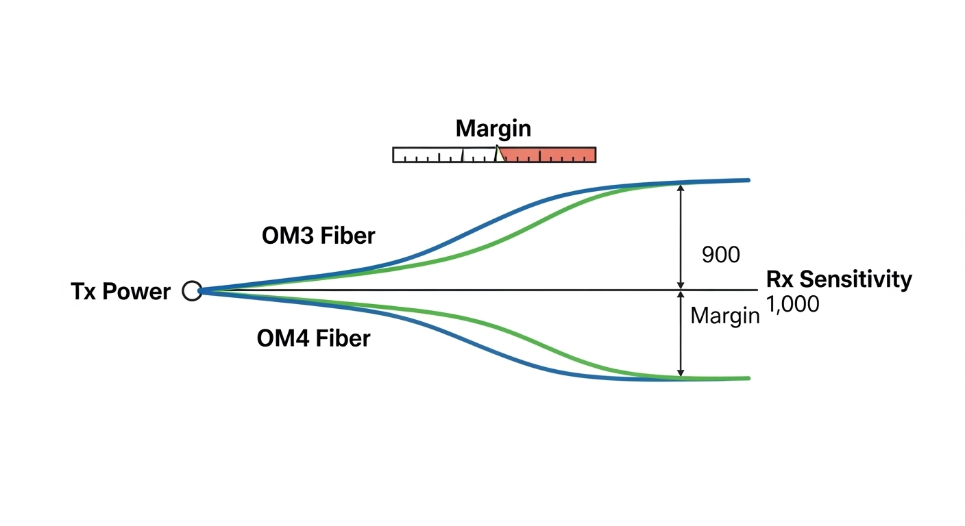 Clean vector illustration comparing optical budgets for OM3 vs OM4 fiber, with colored attenuation curves, labeled Tx power, 
