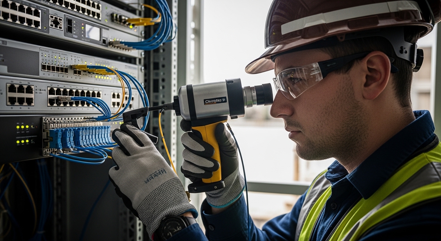 Live-action lifestyle scene at a telecom shelter during daylight, showing a field technician wearing PPE holding a fiber insp
