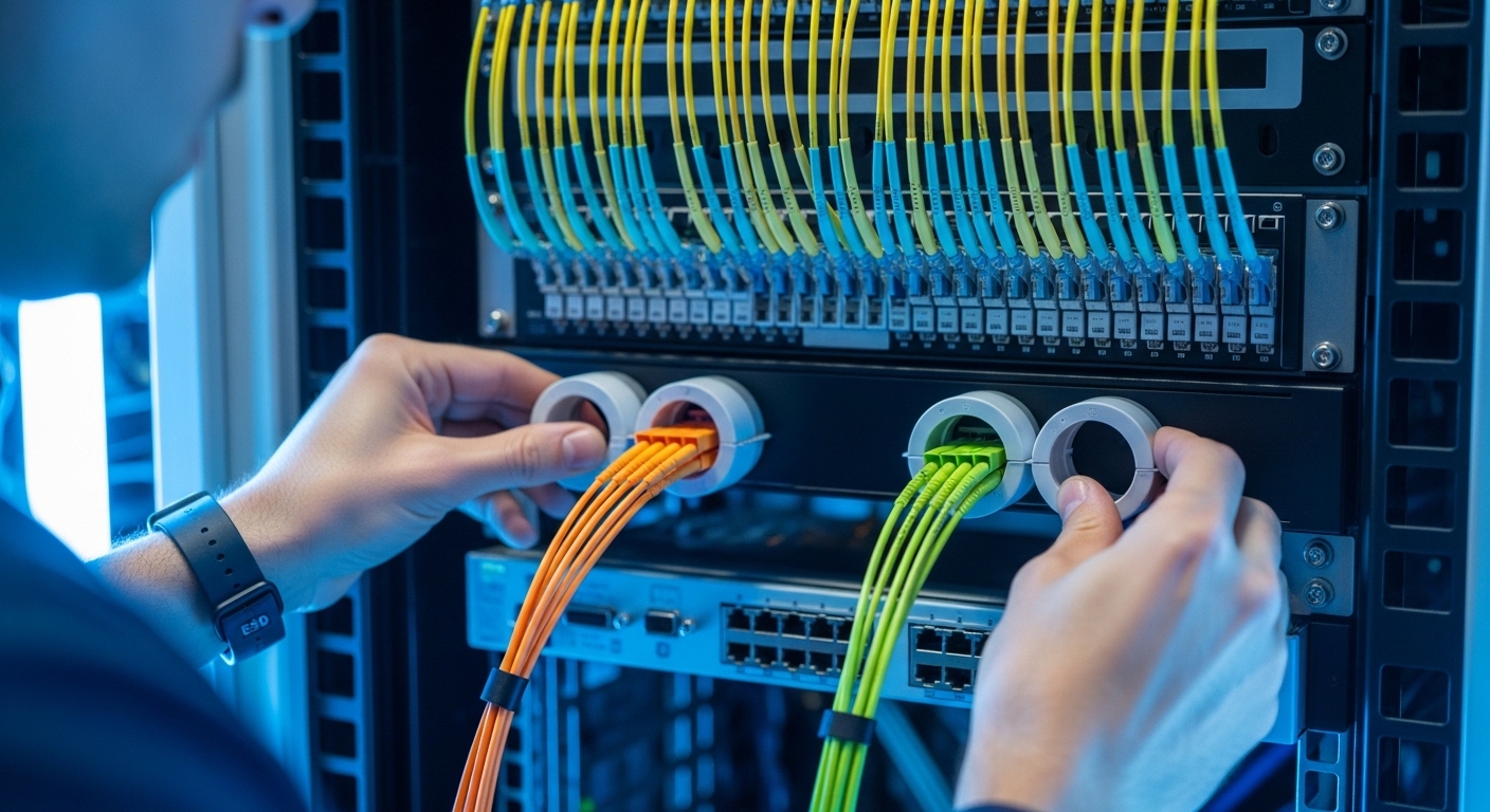 Photorealistic close-up of a rack-mounted fiber patch panel in a modern data center, showing parallel fiber jumpers feeding a