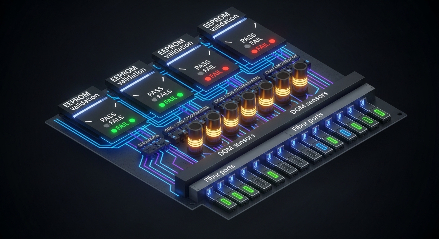 Conceptual isometric diagram of a switch backplane with “EEPROM validation” blocks, DOM sensors, and fiber ports, dark theme 