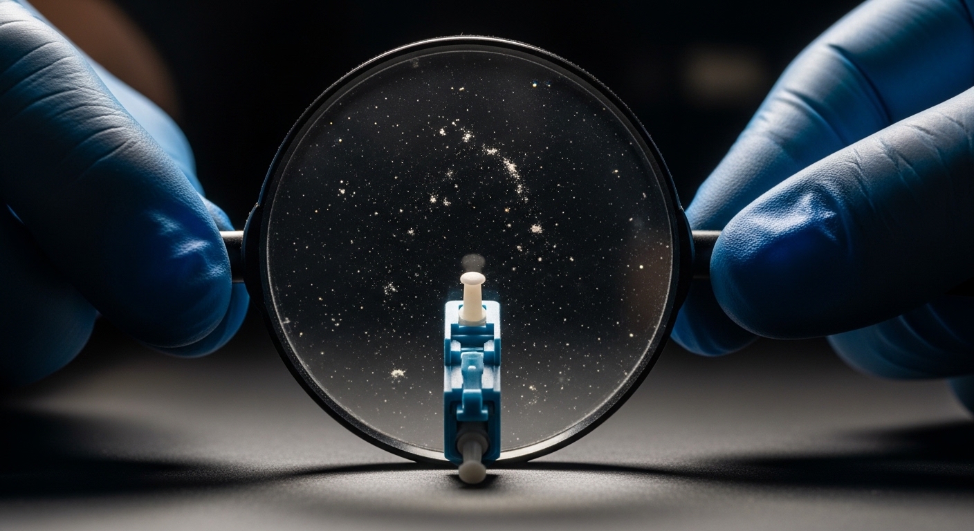 Macro photography of a fiber optic LC connector endface on a dark workbench, technician gloved hands holding a magnifier, vis