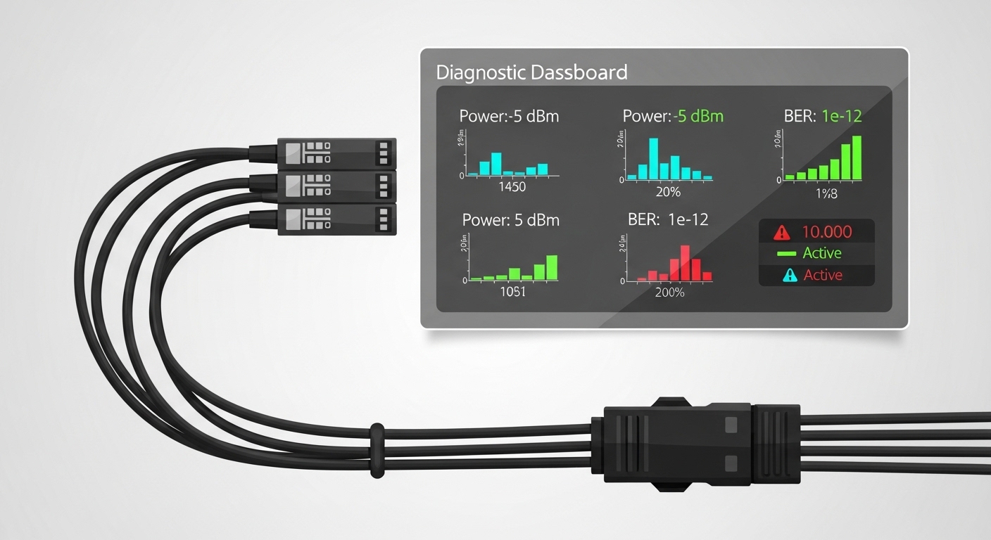 Vector-style illustration of a multi-lane optical harness with labeled spatial lanes, showing transceiver-to-fiber mapping ar