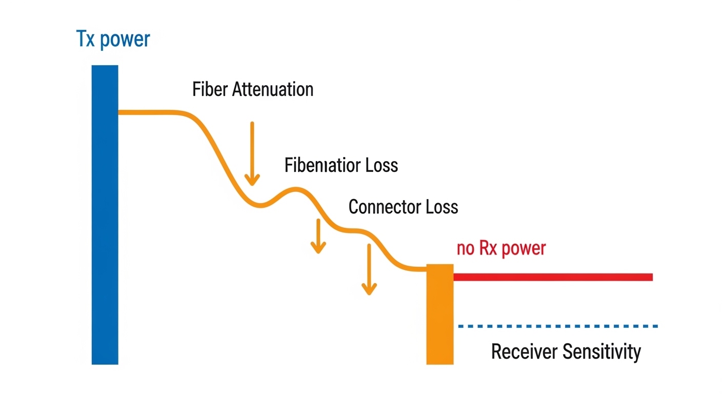 Clean technical illustration of an optical link budget diagram showing Tx power, fiber attenuation, connector loss, receiver 