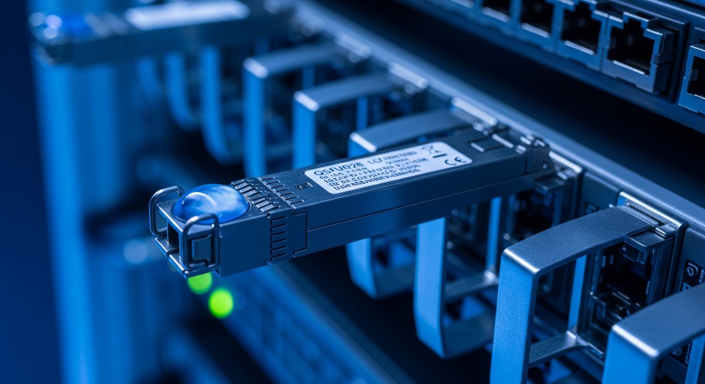 Close-up photography of a QSFP28 transceiver module seated in a high-density switch port cage, showing LC connectors and visi