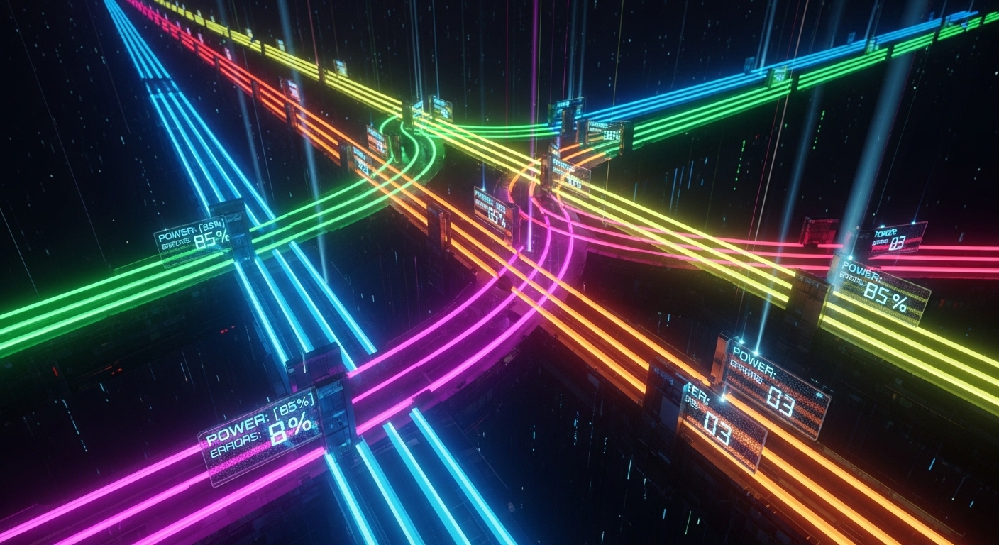 Concept art of a “spatial multiplexing” bridge made of colored lanes, where each lane feeds a small digital readout panel sho