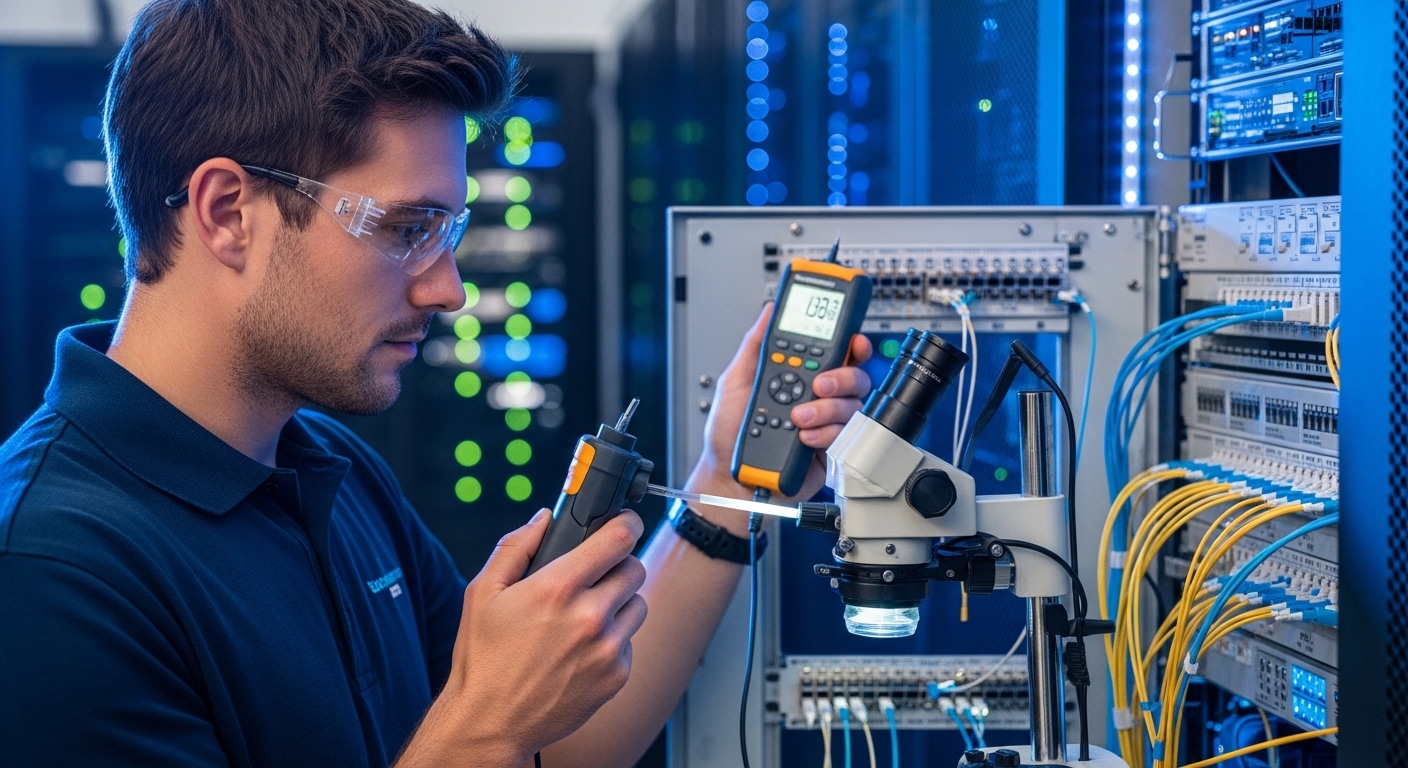 Photorealistic lifestyle scene in a server room: engineer with a handheld optical power meter and fiber microscope, open patc