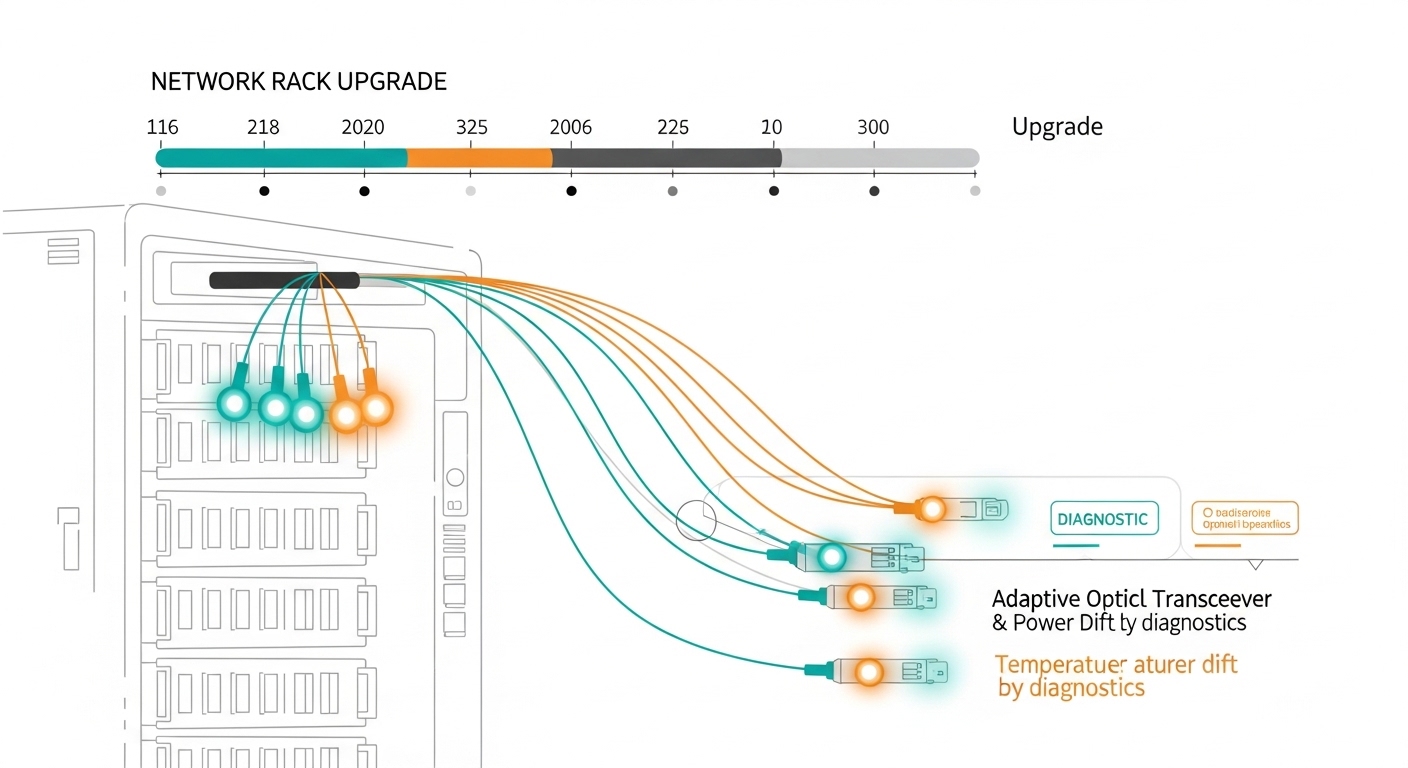 Illustration concept art of a network rack upgrade timeline overlaying fiber routes, with adaptive optical transceivers depic