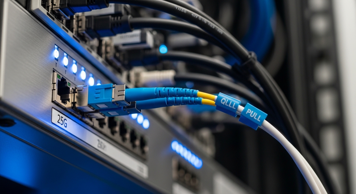 Close-up photography of a QSFP28 Active Optical Cable assembly plugged into a rack-mounted 25G switch port, with the cable ro
