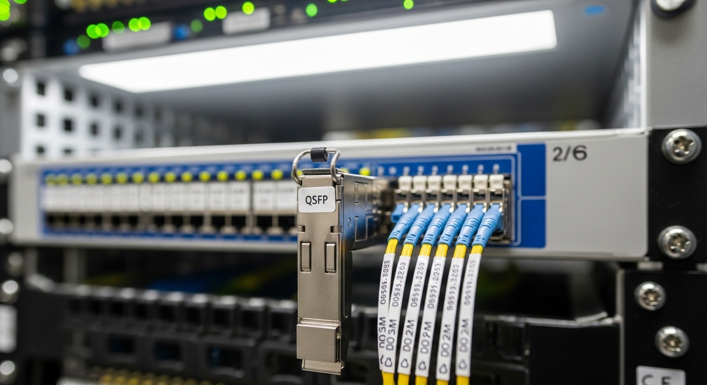 Close-up photography of an LC fiber patch panel inside a data center rack, showing a QSFP transceiver cage with DOM cable lab