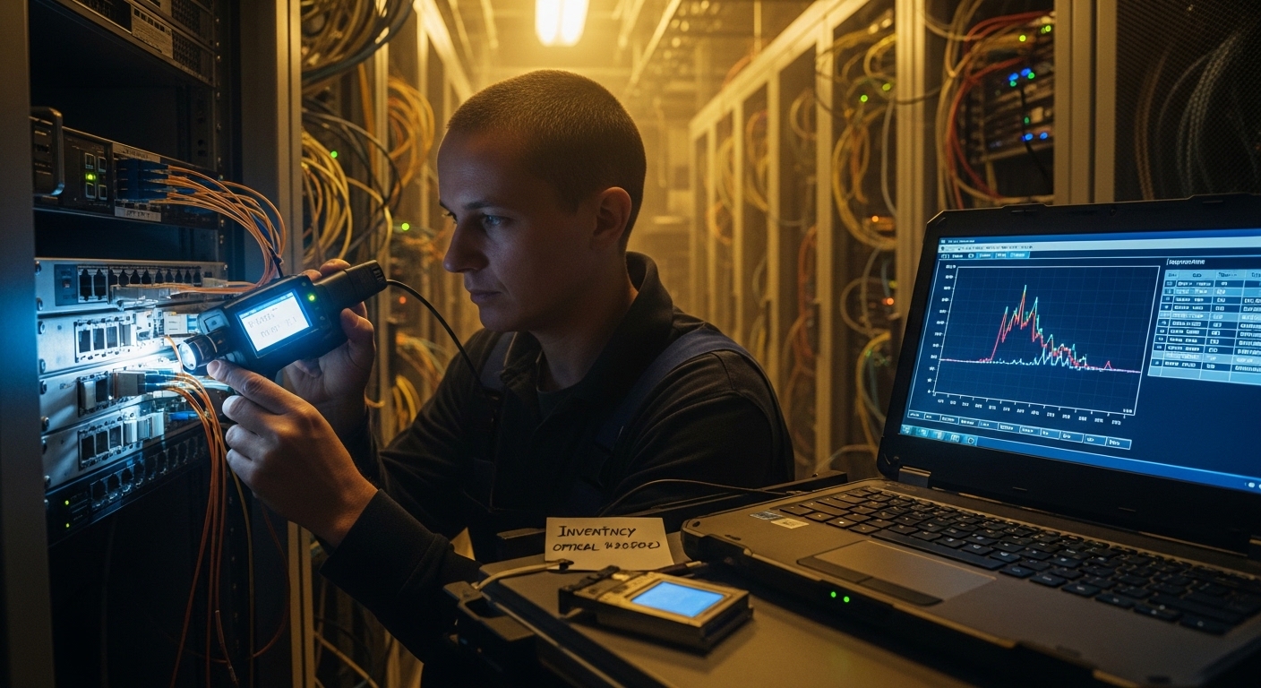 Lifestyle scene of an on-call field engineer in a server room using a handheld fiber inspection scope on LC connectors, with 