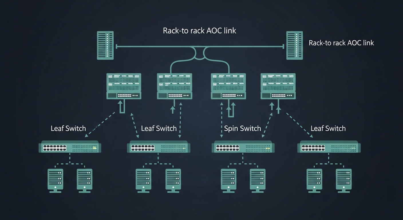 Concept illustration showing three layers of data center networking—leaf switch, spine switch, and a short rack-to-rack AOC l