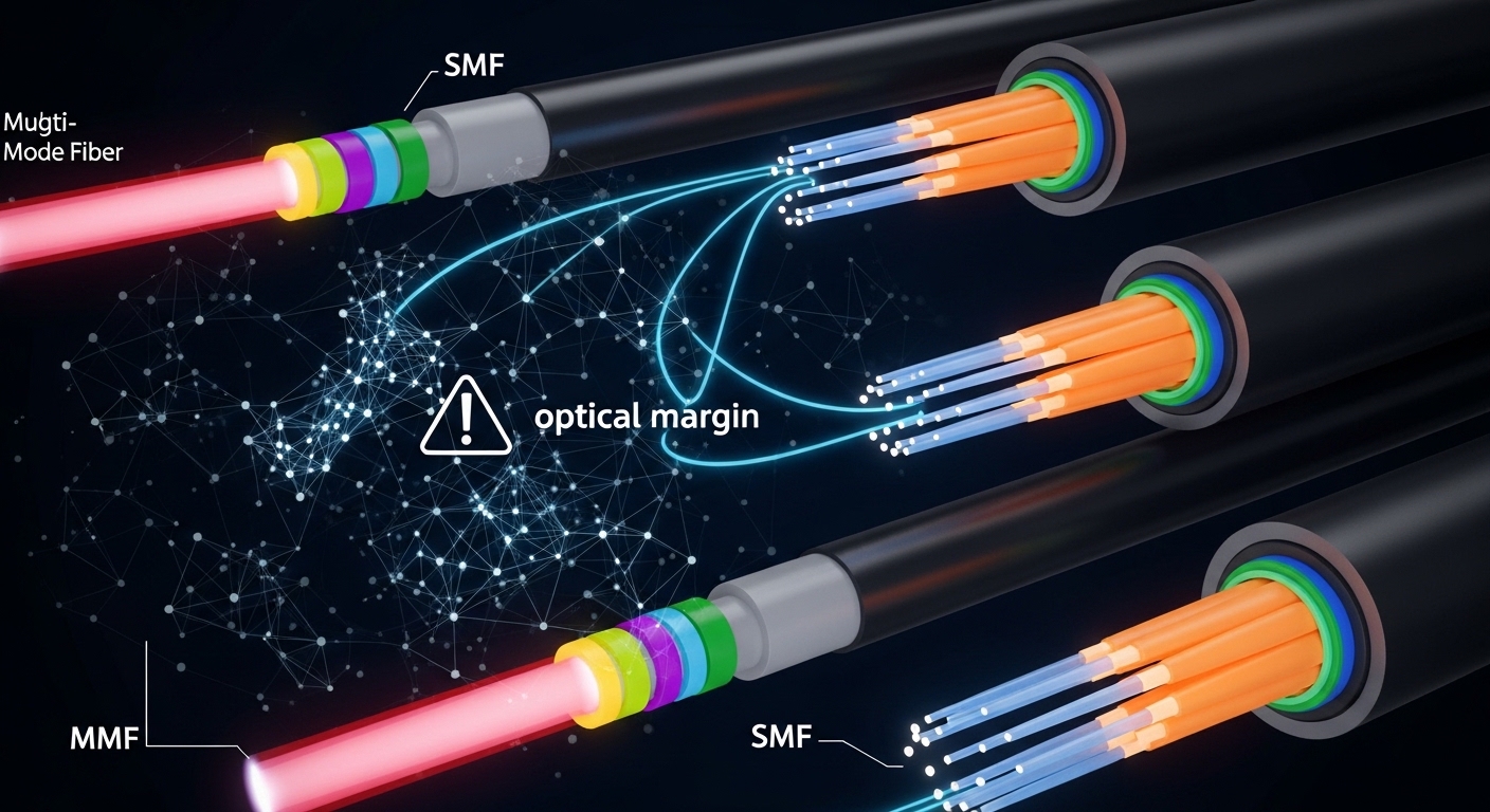 Illustration in a technical concept-art style of an AI cluster network diagram overlayed on fiber cross-sections, with colore