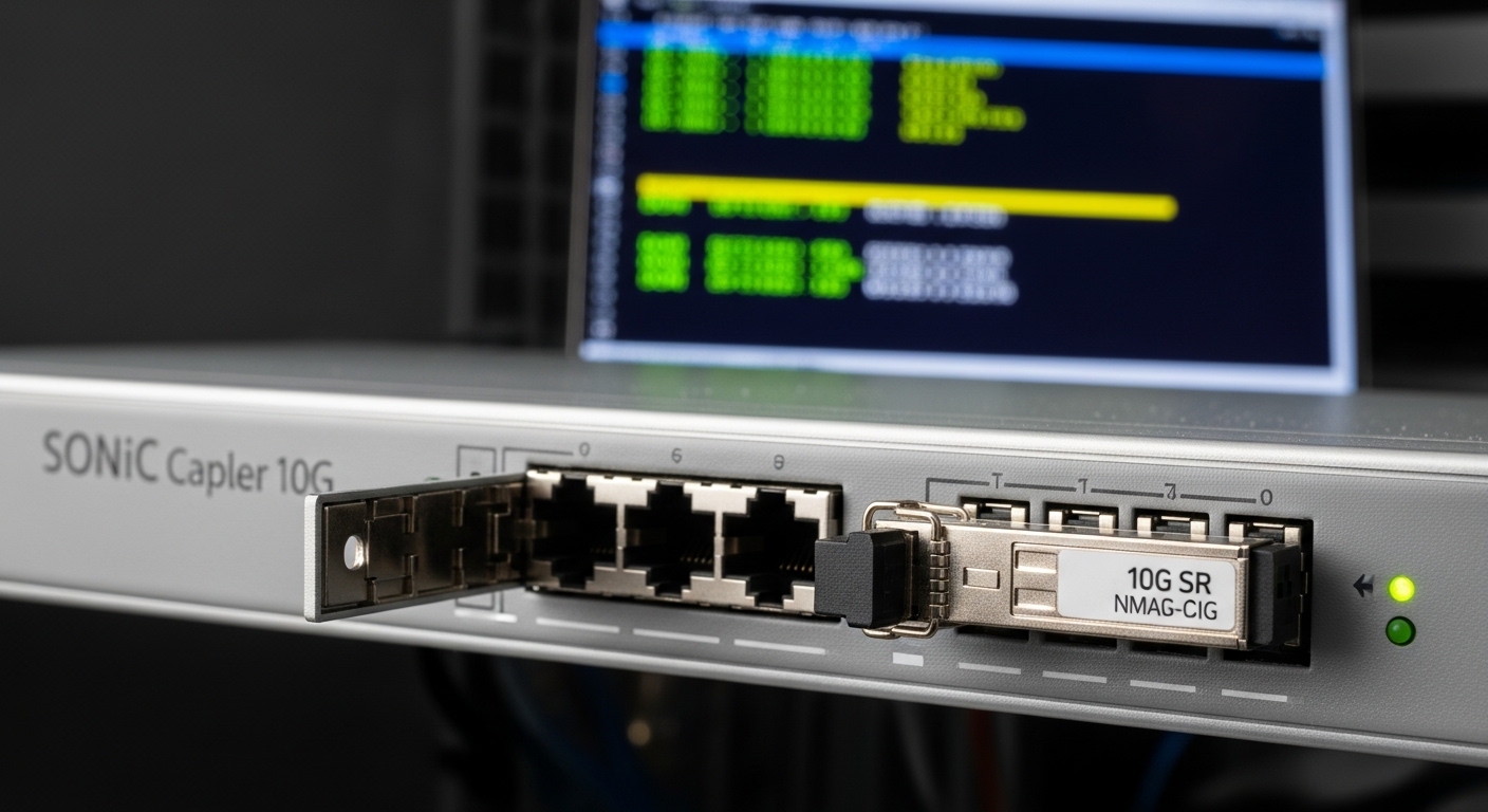 Close-up photography of a SONiC-capable 10G switch front panel with an SFP cage open, a 10G SR transceiver inserted, and a la