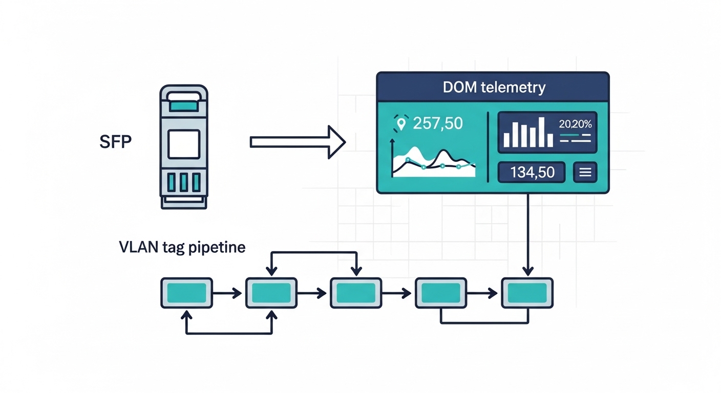 Concept illustration showing a SONiC switch port diagram with an SFP module symbol feeding a “DOM telemetry” dashboard panel 