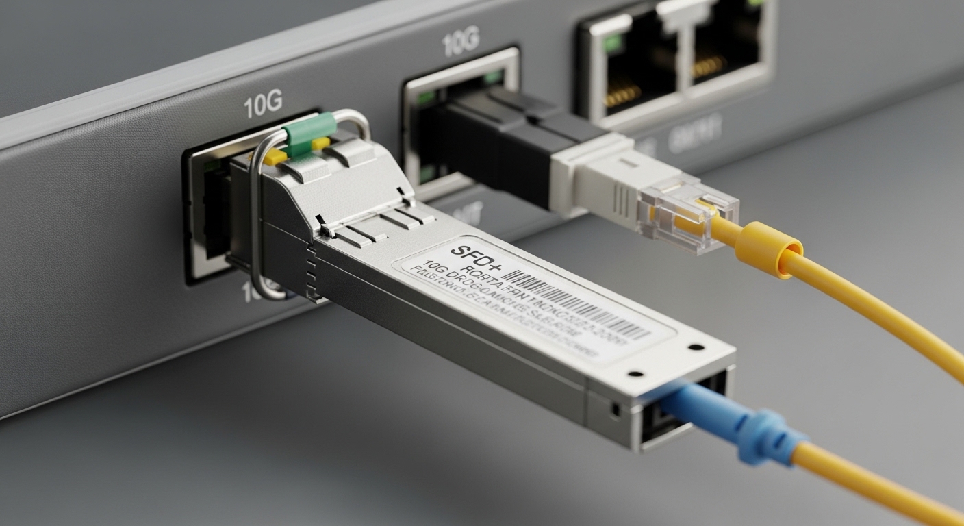 Close-up product photography of an SFP+ optical transceiver inserted into a 10G Ethernet switch port, showing a fiber patch c