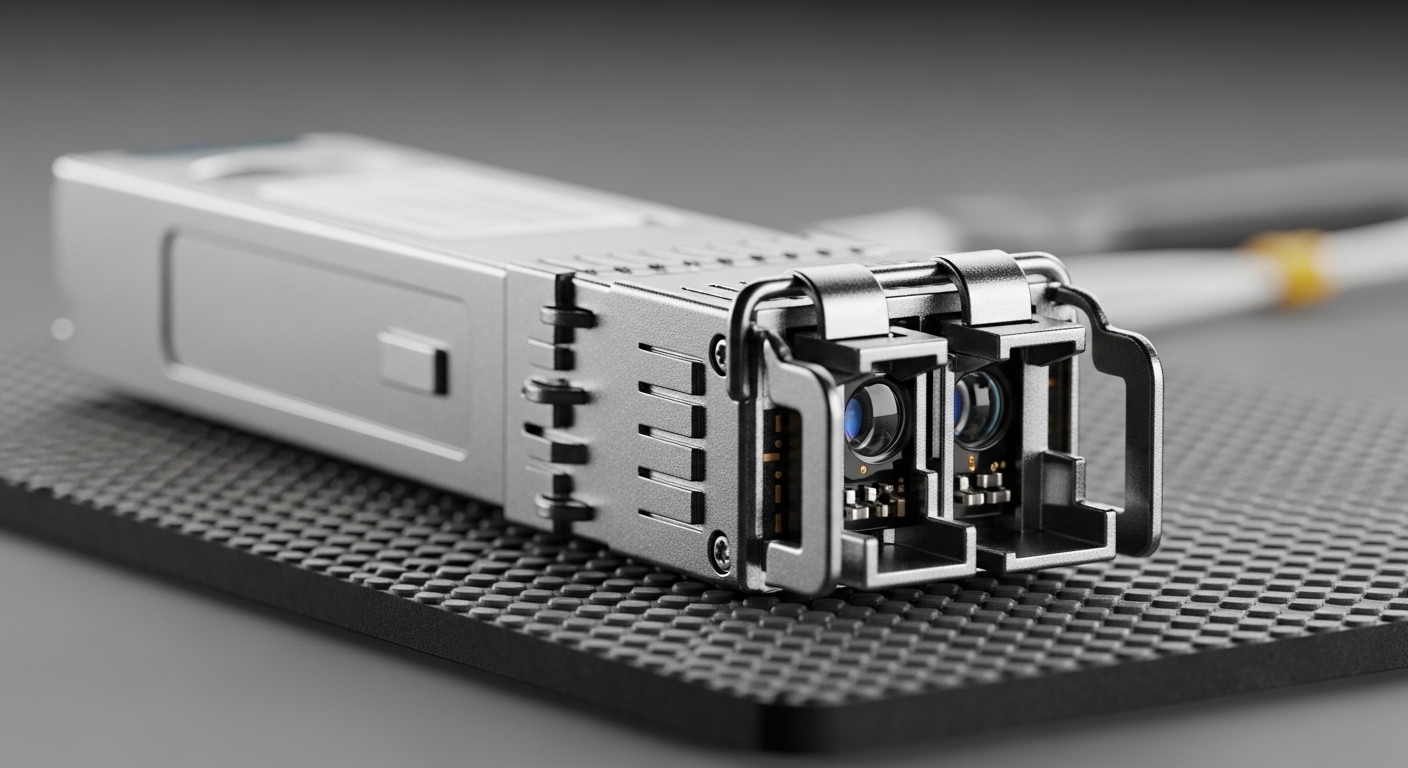 Photorealistic macro photography of a QSFP28 transceiver module on an antistatic mat, angled three-quarter view, visible meta