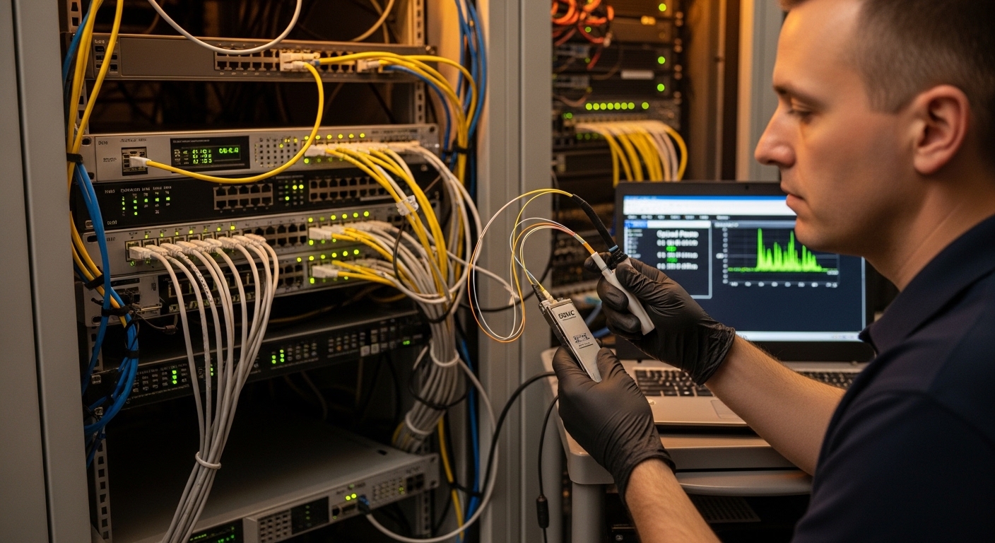 Lifestyle scene in a server room: an engineer wearing ESD-safe gloves holds a fiber cleaning kit and a SONiC switch transceiv
