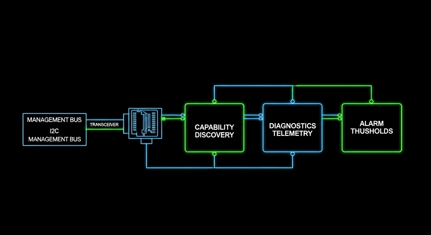 Clean technical illustration showing a network switch backplane with an I2C-like management bus routed to a transceiver, regi