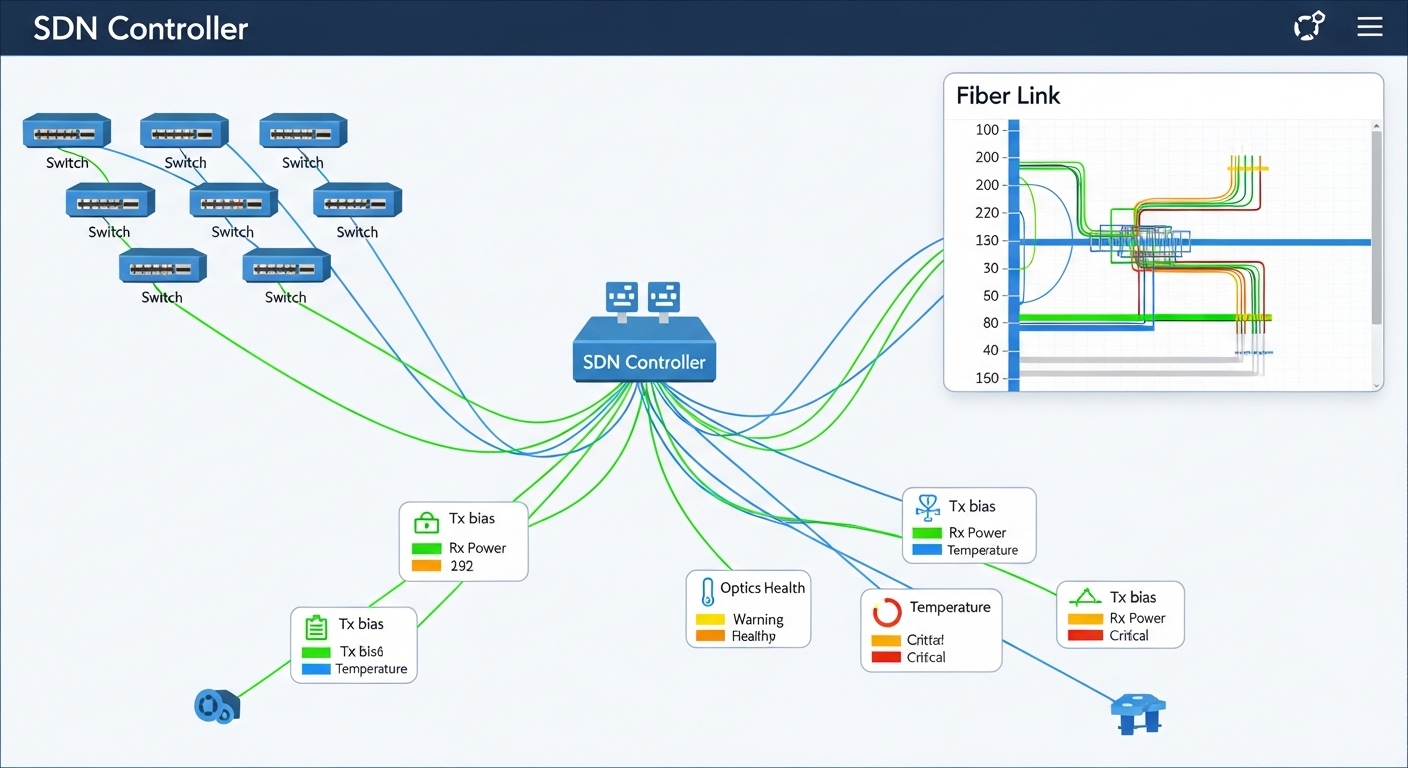 Illustration showing an SDN controller dashboard connected by lines to multiple switch ports, with color-coded optics health 