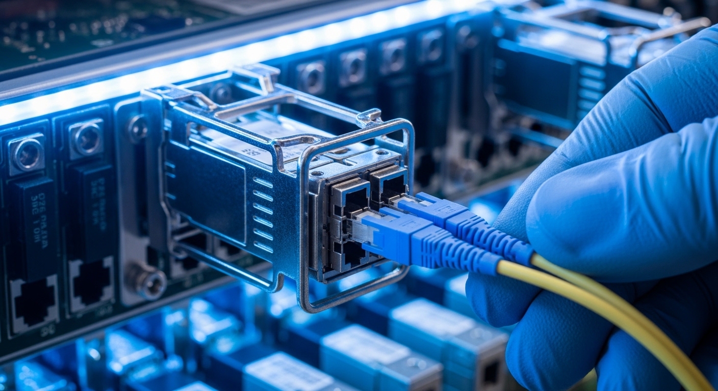 A photorealistic close-up photograph of a fiber optic transceiver module installed in a 5G transport switch, showing the LC c