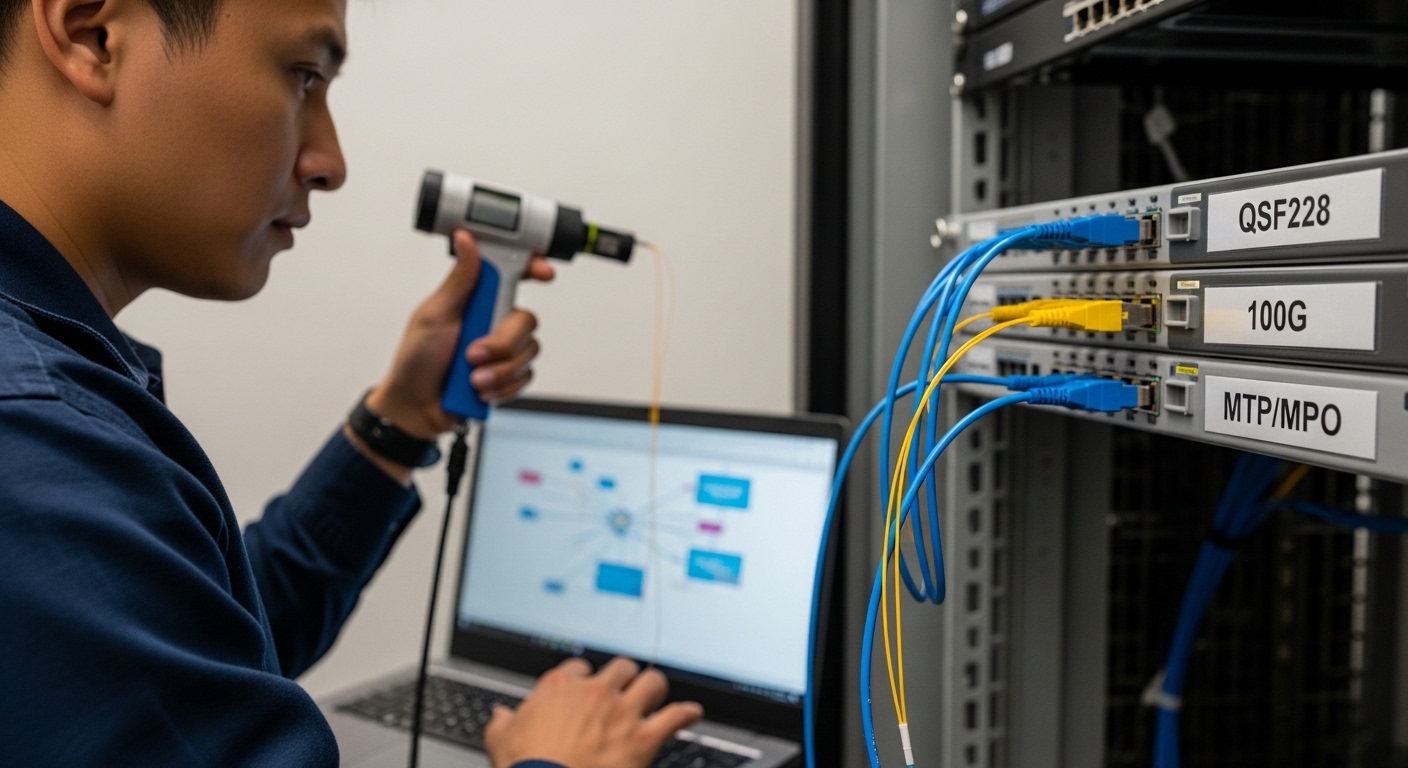 Lifestyle scene of a field engineer using a laptop and a fiber inspection scope beside an open rack, close-up on QSFP cage la
