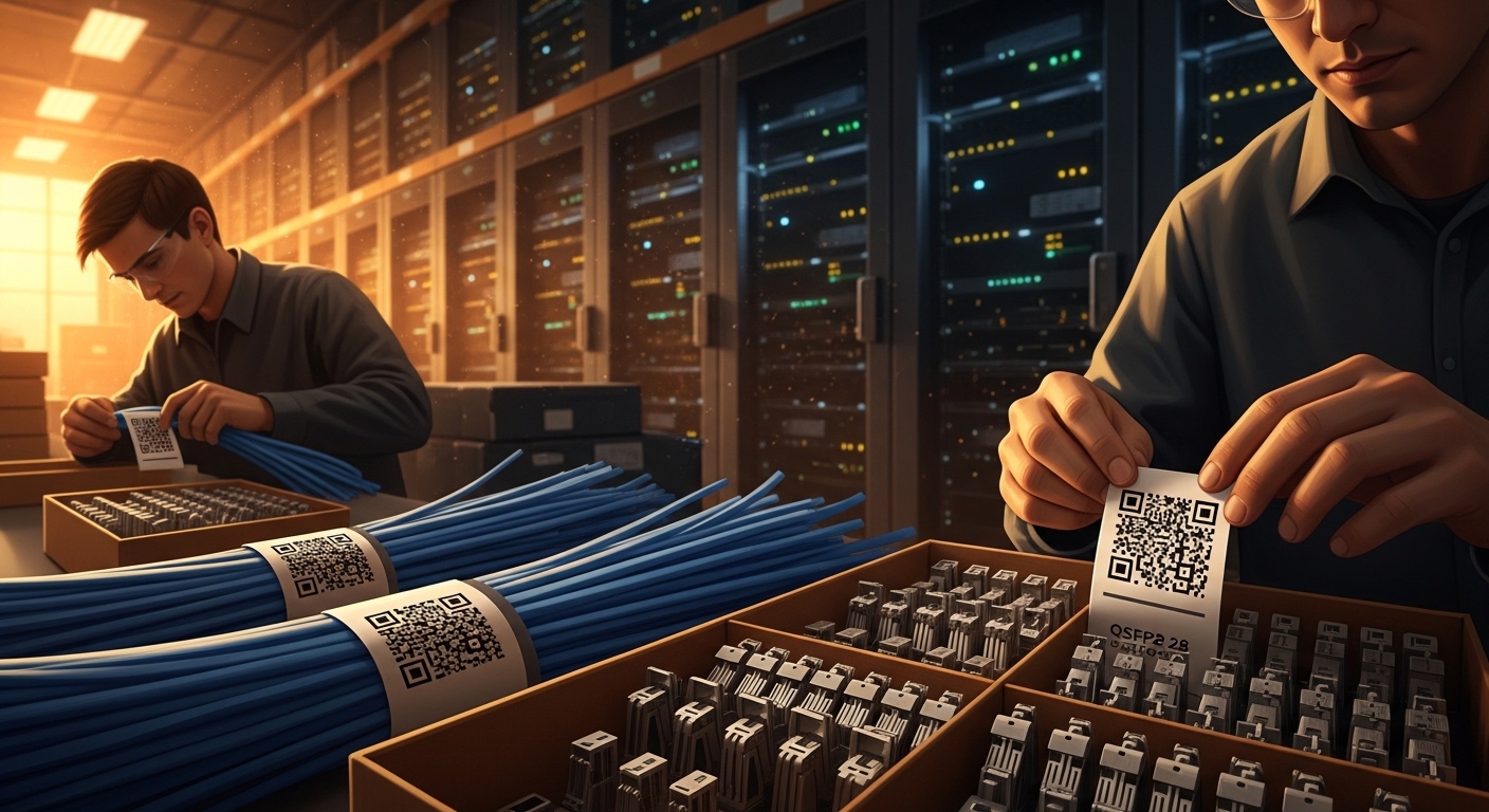 Concept art style scene of a warehouse staging area where technicians label fiber patch cords and cartons of QSFP28 optics wi