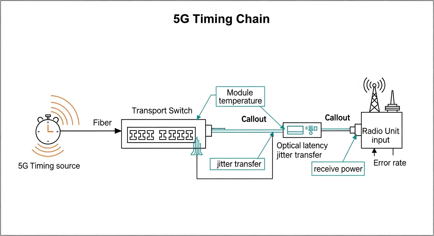 An engineering illustration in clean vector style showing a timing chain diagram: 5G timing source feeding a transport switch