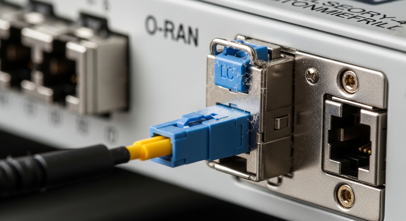 Close-up macro photography of an LC fiber connector plugged into a metal-bezel SFP cage on a rack-mounted O-RAN fronthaul swi