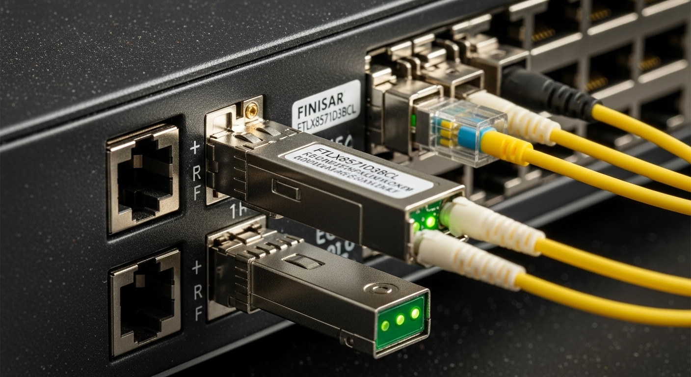 Close-up photography of two SFP+ style transceivers seated in a 48-port 10G Ethernet switch front panel, LC fiber connectors 