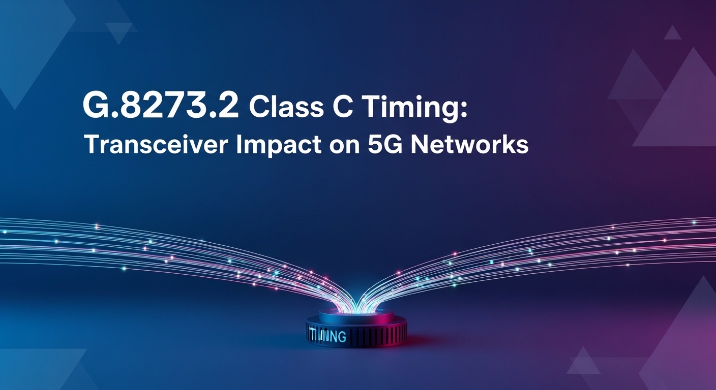 Minimalist design showcasing telecom timing optics, G.8273.2 Class C Timing: Transceiver Impact on 5G Networks, clean composi