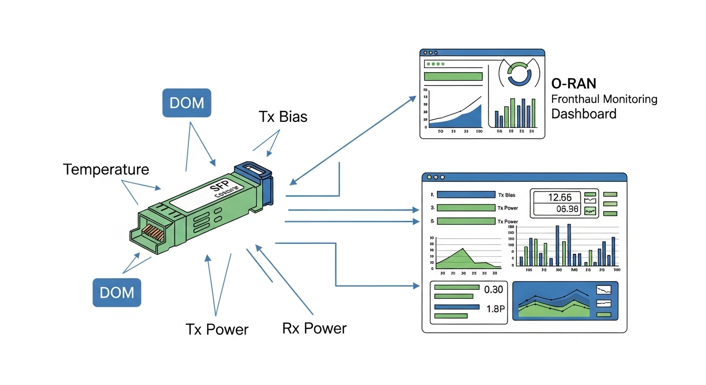 Illustrated diagram concept art showing an SFP with DOM sensors labeled (temperature, Tx bias, Tx power, Rx power) feeding in