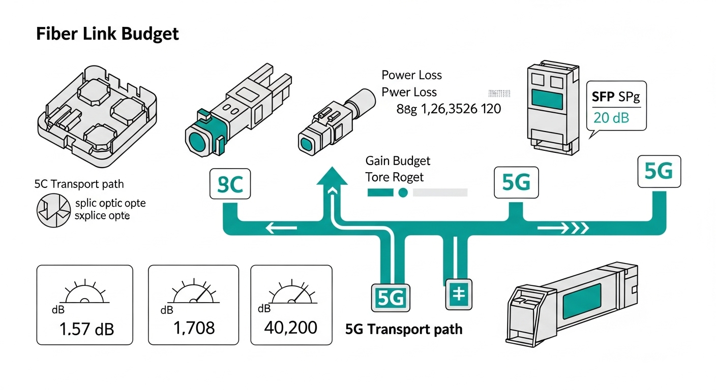 Vector illustration concept showing a fiber link budget dashboard with icons for splice trays, LC connectors, and SFP modules