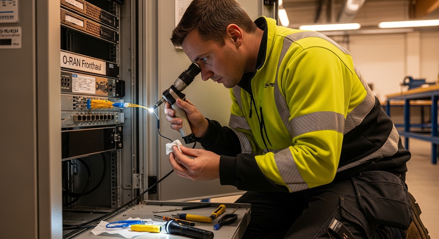 Realistic lifestyle scene of a field engineer wearing high-visibility PPE cleaning an LC connector with an inspection scope a