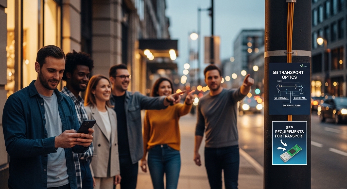 Lifestyle scene featuring 5G transport optics, 5G Midhaul and Backhaul Fiber: SFP Requirements for Transport, warm ambient li