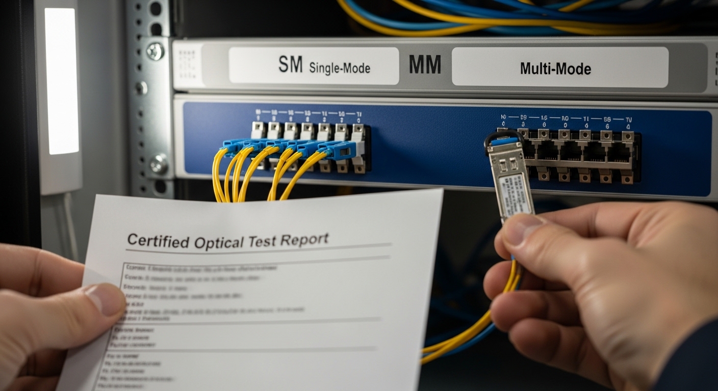 Close-up photography of an edge mini data cabinet with two fiber patch panels labeled SM and MM, an engineer holding a certif