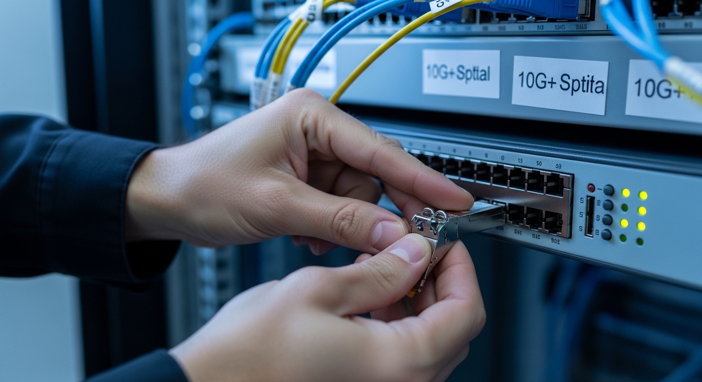 Photorealistic close-up of a technician’s hands installing a 10G SFP+ optical transceiver into a 48-port aggregation switch i