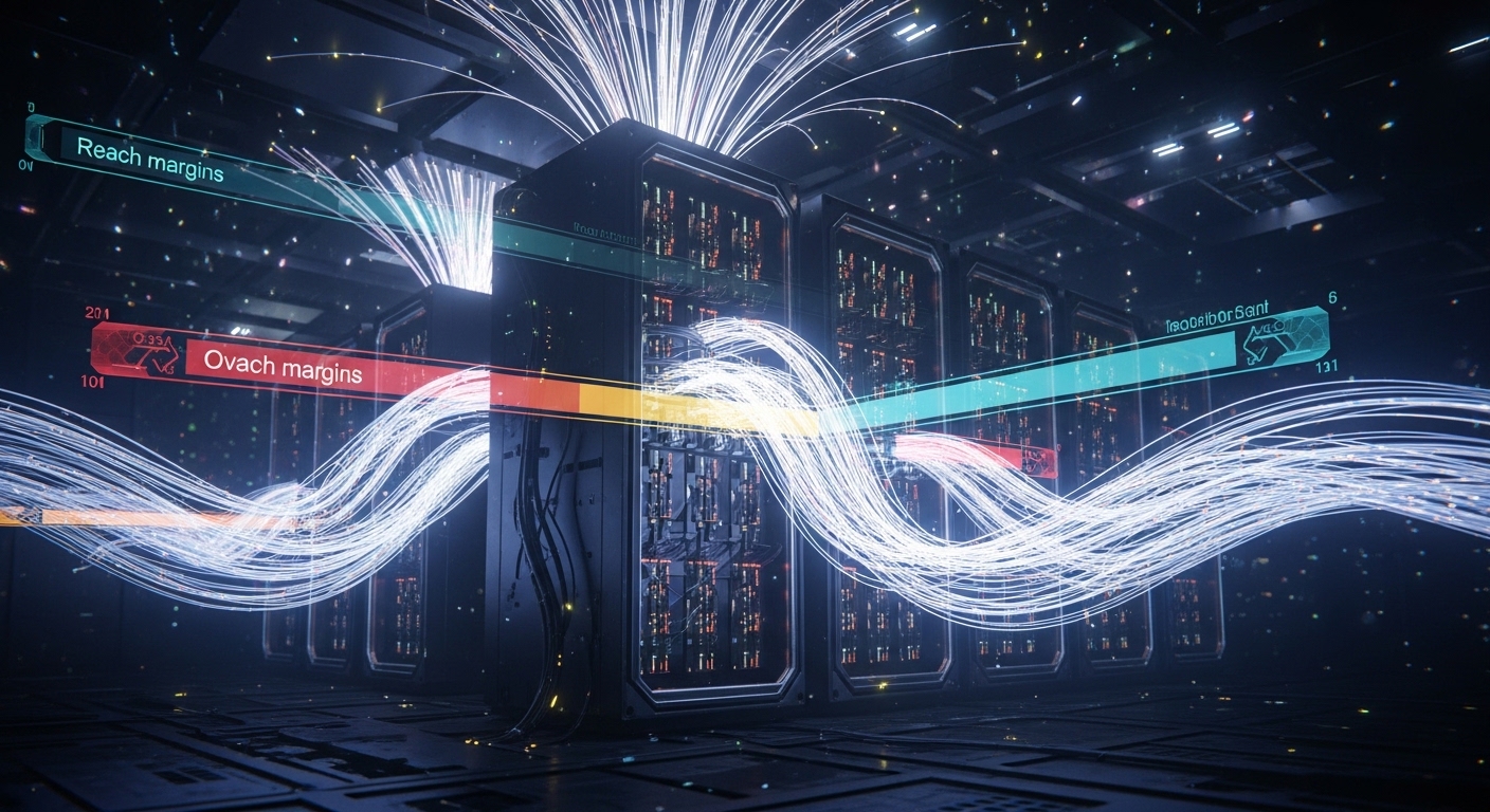 Concept art style scene of a futuristic data hall with glowing fiber lines converging on a leaf-spine rack; show overlay diag