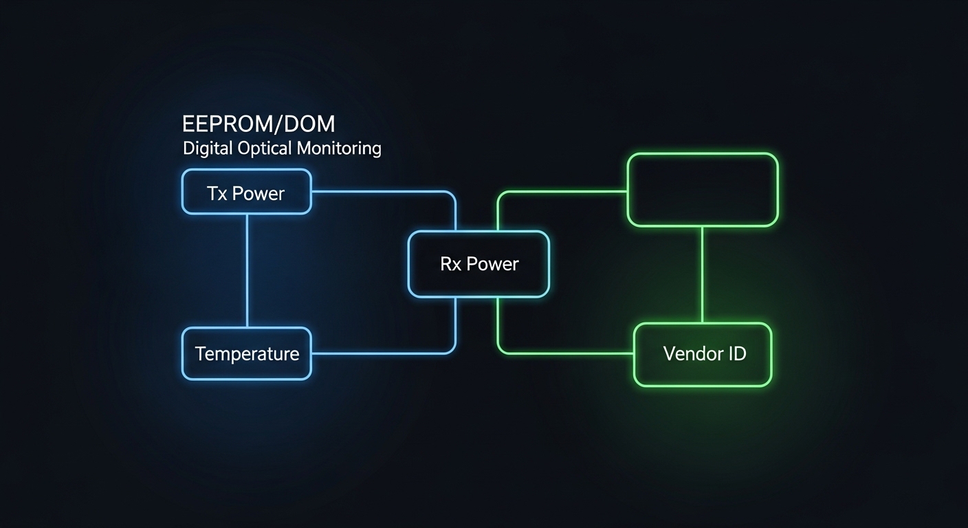 Minimalist technical illustration of an EEPROM/DOM data flow diagram inside a switch port, with labeled blocks for Tx power, 