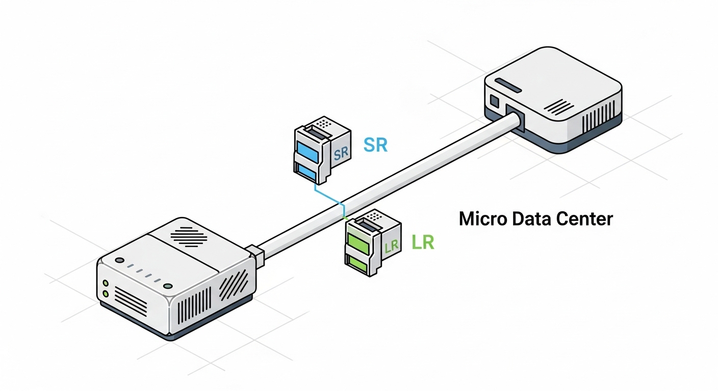 Vector illustration concept art showing a simplified edge network diagram with a small compute pod, a micro data center fiber