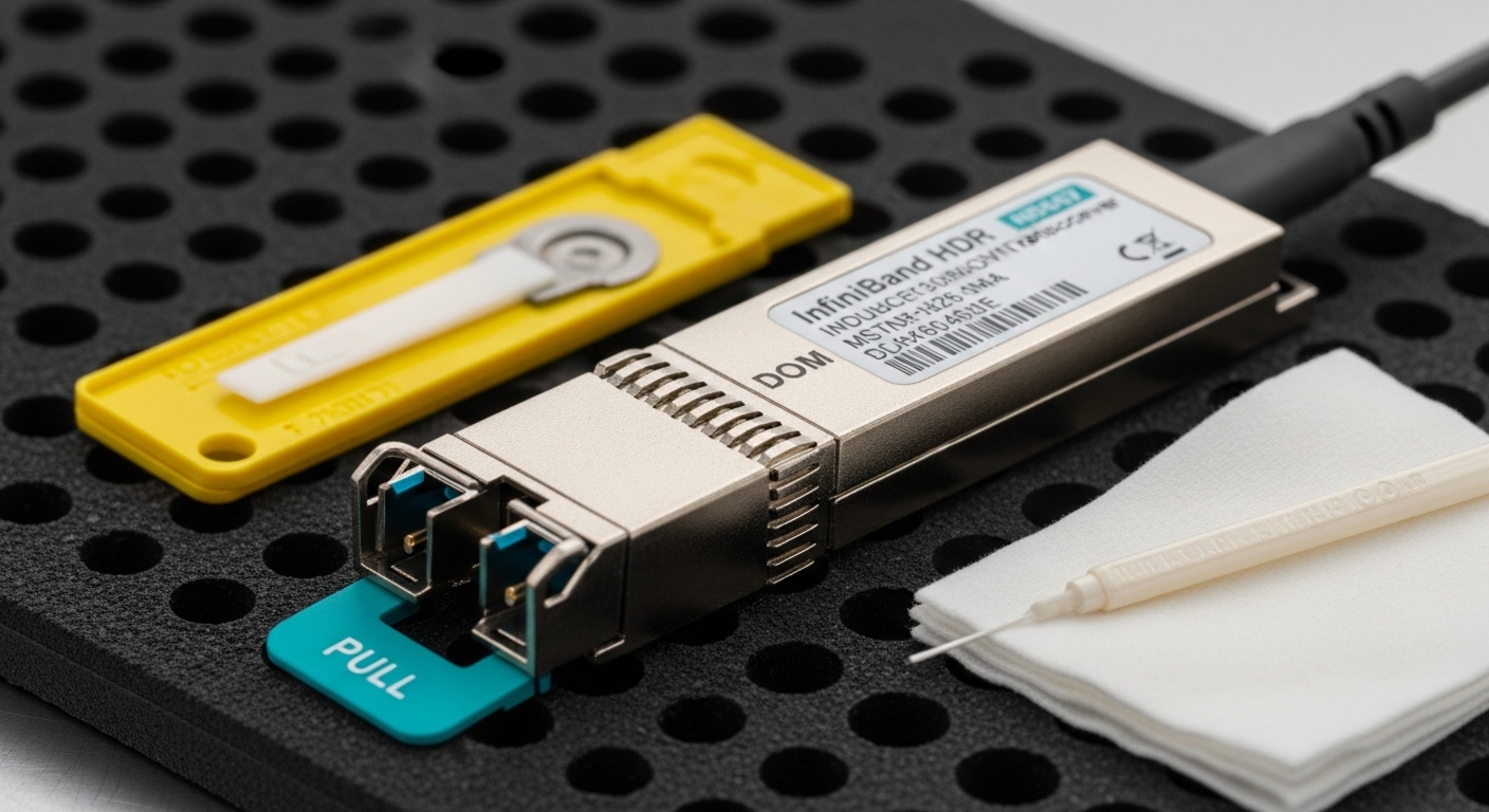 Close-up macro photography of an InfiniBand HDR fiber transceiver module with a pull-tab, showing the cage connector and DOM 