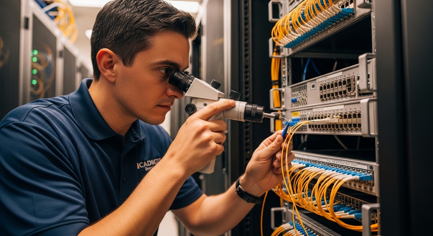 Lifestyle-style scene of a fiber technician using a handheld fiber inspection microscope and cleaning tools at an LC duplex p