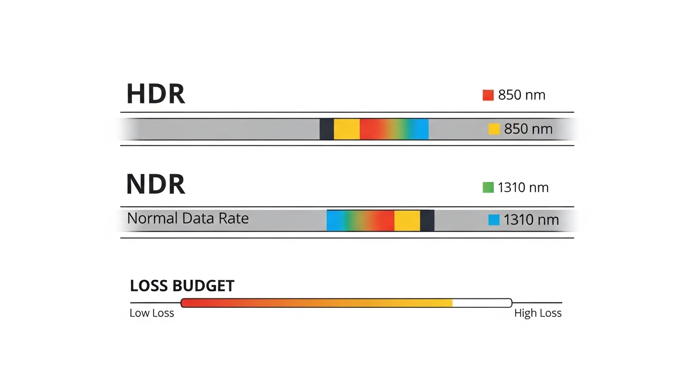 Vector illustration concept art showing two parallel fiber links labeled “HDR” and “NDR,” with color-coded wavelength bands (